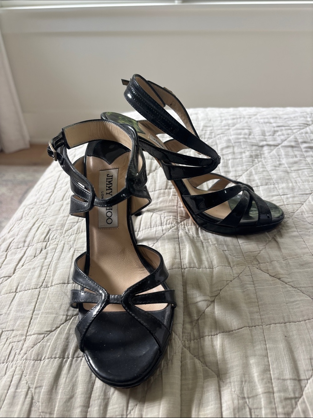 Jimmy Choo Black Patent Leather Strappy Sandal Heels